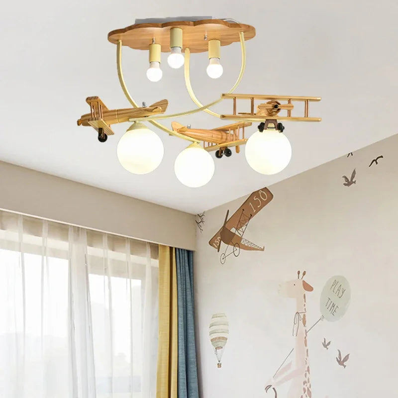 lustre en bois avion pour chambre d'enfant plafonnier led - vue 3 sur 7