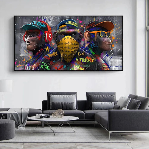 trois orangs-outans graffiti art mural décoration singe musique