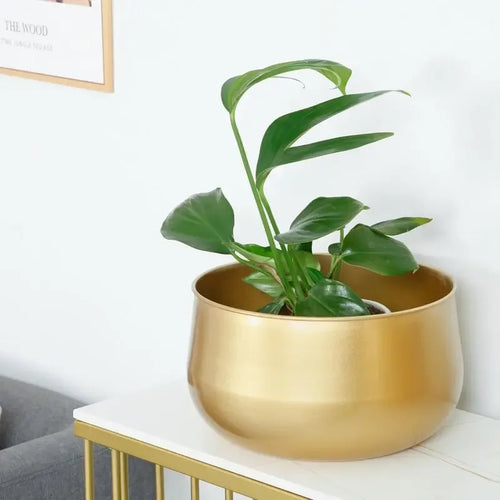 pot de fleurs rond en métal doré pour plantes et décorations - vue 2 sur 8