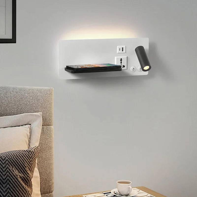 lampe de chevet murale avec chargement sans fil usb type-c et projecteur rotatif - vue 4 sur 14