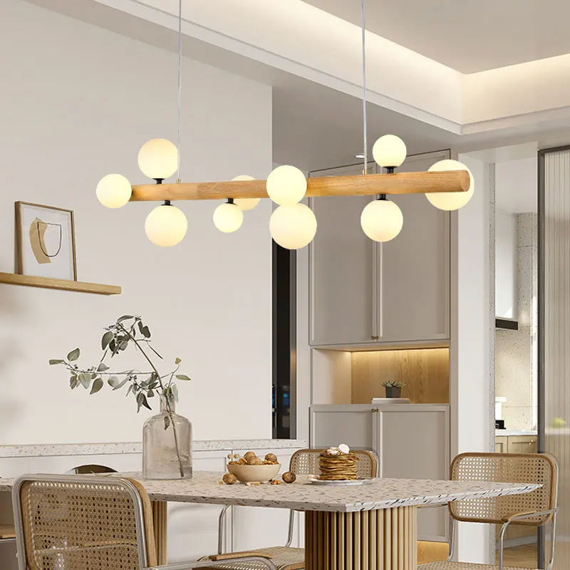 lustre moderne en bois et verre laiteux pour espaces contemporains - vue 3 sur 9