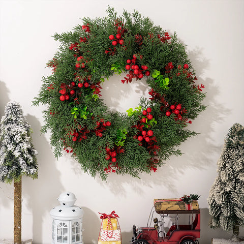 Couronne De Noël Artificielle 40 Cm Avec Baies Rouges - Décoration De Porte Intérieur/extérieur - Plastique Durable