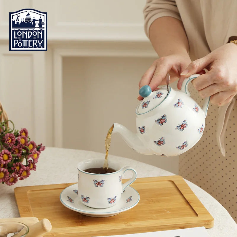 Theiere ceramique london pottery motifs animaux papillon infuseur - vue 4 sur 5