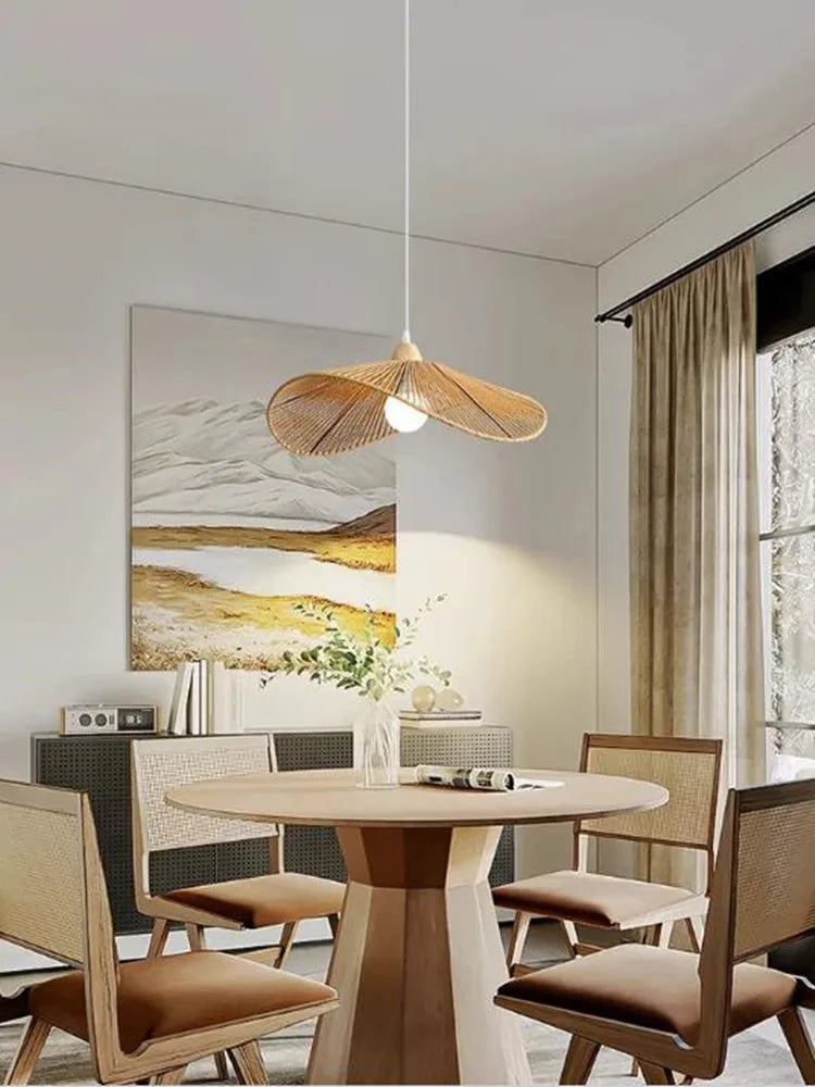 suspension Tissu nordique LED lumière Wabi Sabi pour salon décoration de la maison chambre créative coton lin chapeau - vue 6 sur 9