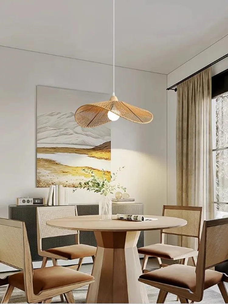 suspension Tissu nordique LED lumière Wabi Sabi pour salon décoration de la maison chambre créative coton lin chapeau