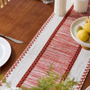 Chemin de table bohème tissé rayures rouges pompons