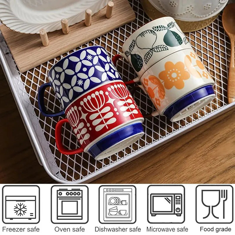 Ensemble tasses japonaises motif floral retro ceramique