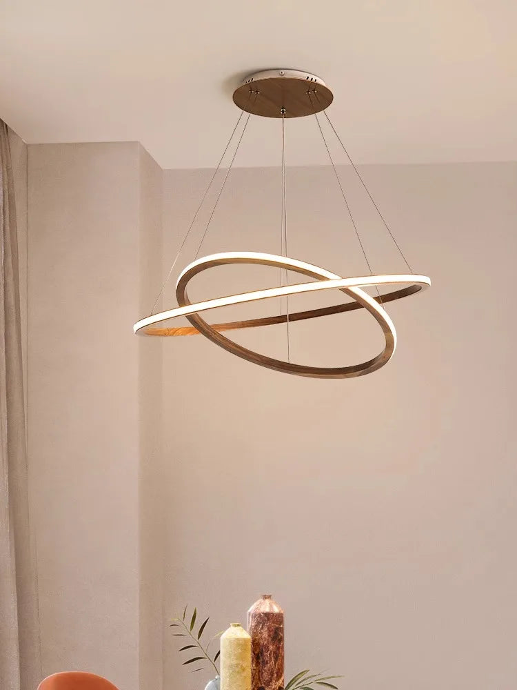 lustre moderne en bois led avec anneau en noyer rétro - vue 3 sur 14