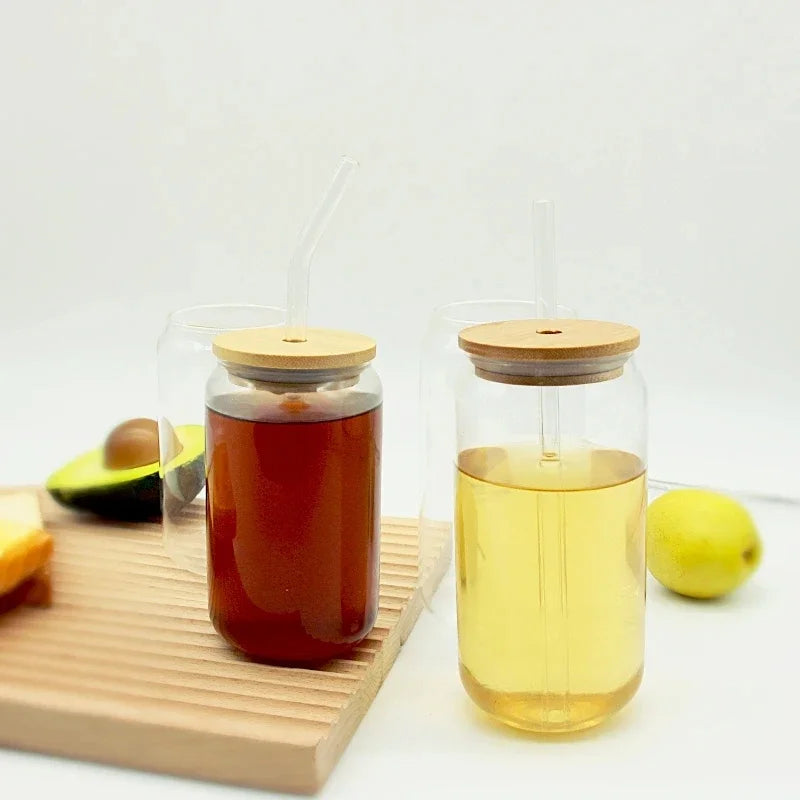 Tasse verre borosilicate forme canette couvercle bambou paille - vue 4 sur 7