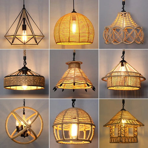 Sisal chanvre corde suspension plafonnier Lustre suspendu Lustre fer main tressage rustique rétro pour salle à manger décor