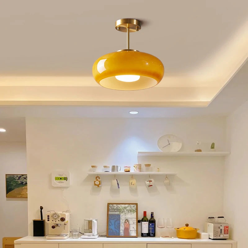 IWHD nordique plafond moderne à LEDs lampe maison éclairage intérieur chambre salon salle à manger cuivre jaune verre abat-jour lampara