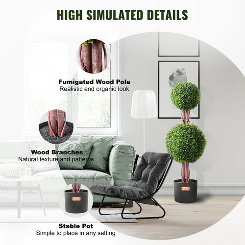 buis artificiel topiaire double boule avec feuillage et pot décoratif - vue 6 sur 6