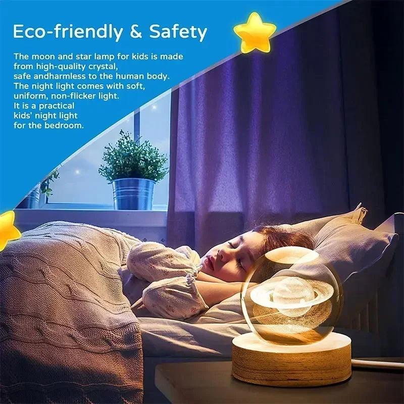 veilleuse 3D en cristal système solaire cadeau décoratif en bois - vue 4 sur 16