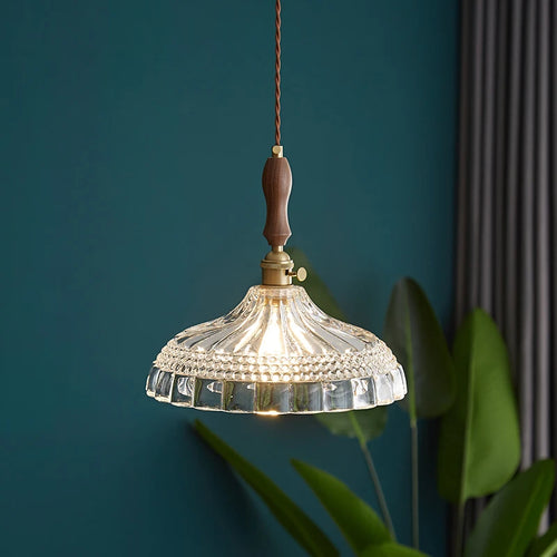 suspension luminaire moderne en bois verre et laiton - vue 6 sur 22