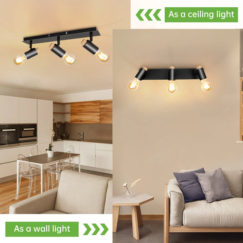 Kimjo noir plafonniers bois rotatif Spot luminaires plafond Spot E27 noir mur spots intérieur pas d'ampoules