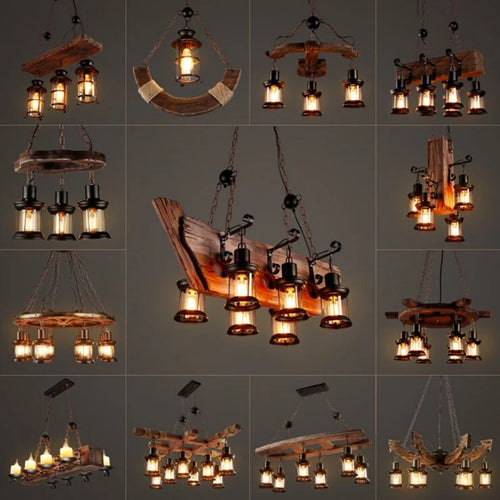lustre rétro en bois style industriel pour café et restaurant - vue 6 sur 24