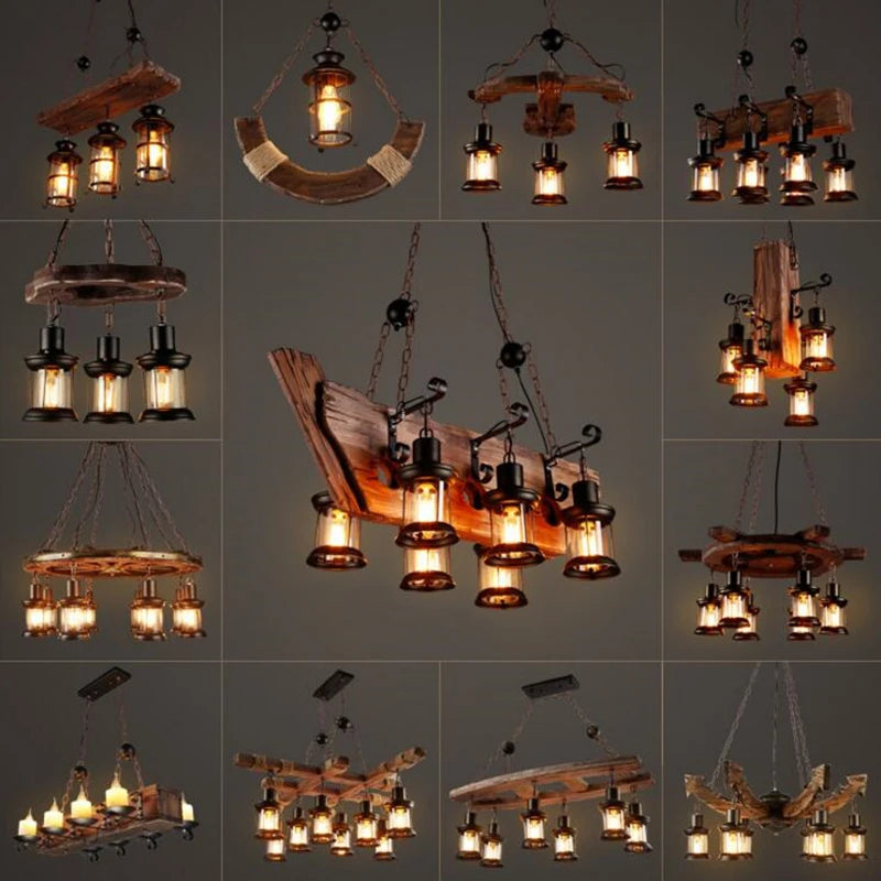 lustre rétro en bois style industriel pour café et restaurant - vue 5 sur 24