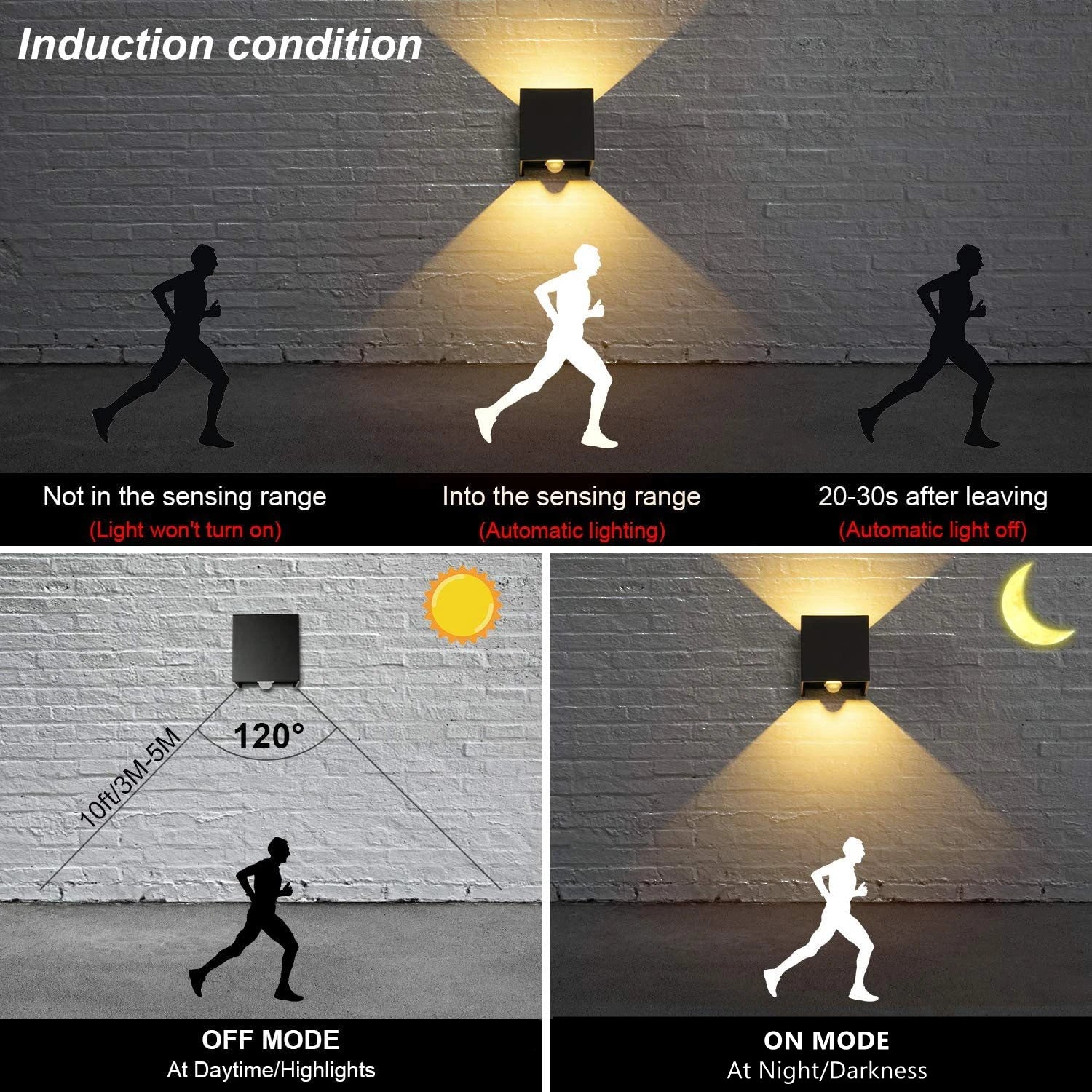 12W UP and Down Outdoor LED Wall Lamp PIR Motion Sensor Waterproof Garden Porch Light Adjustable Aluminum Wall Sconce Lighting - vue 4 sur 15