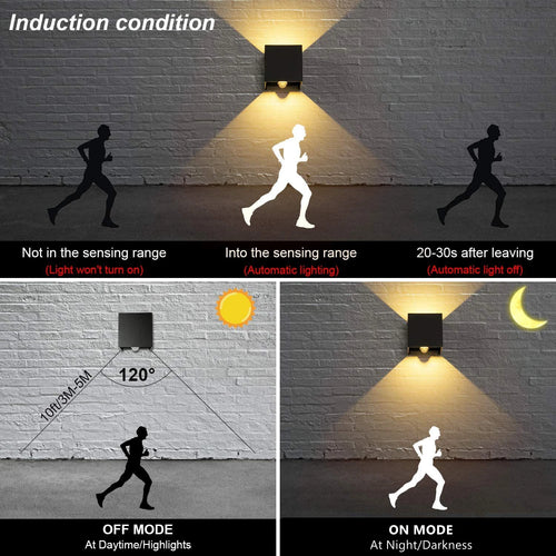 12W UP and Down Outdoor LED Wall Lamp PIR Motion Sensor Waterproof Garden Porch Light Adjustable Aluminum Wall Sconce Lighting