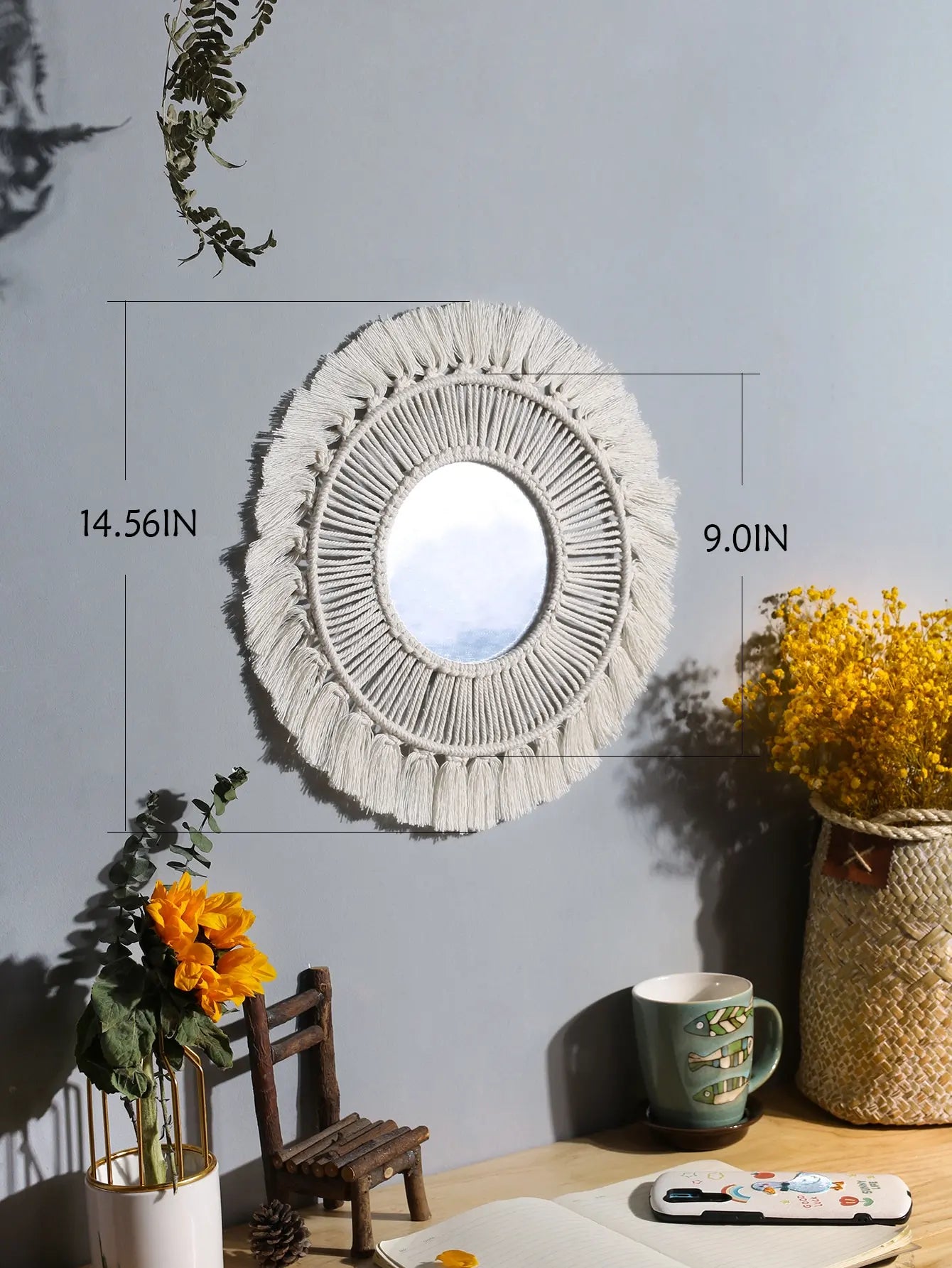miroir décoratif boho en macramé pour décoration murale artisanale - vue 6 sur 13