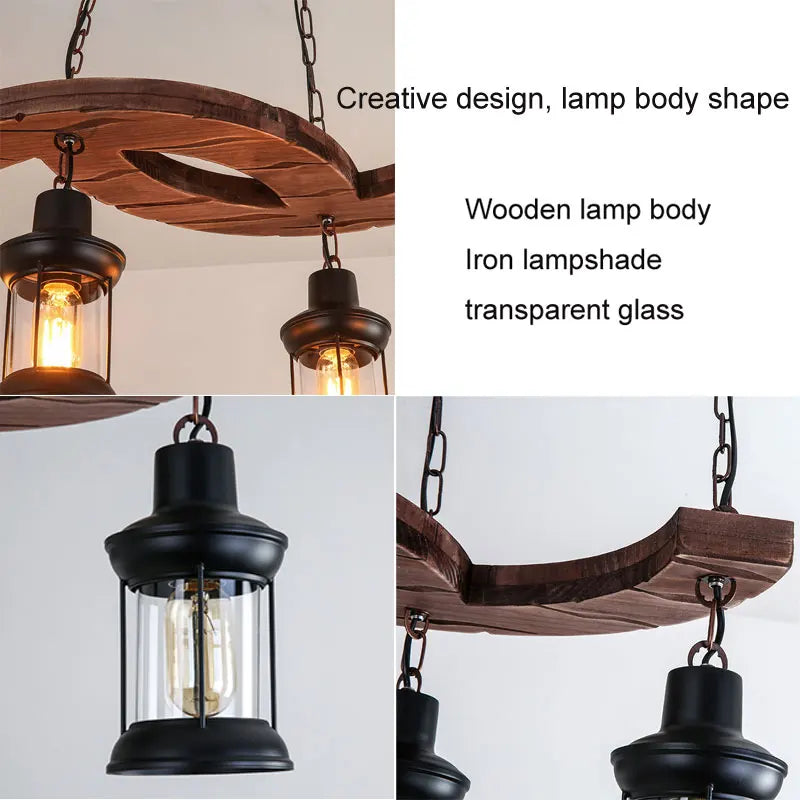 lustre industriel rétro 4 têtes en bois et fer pour café bar loft - vue 6 sur 7