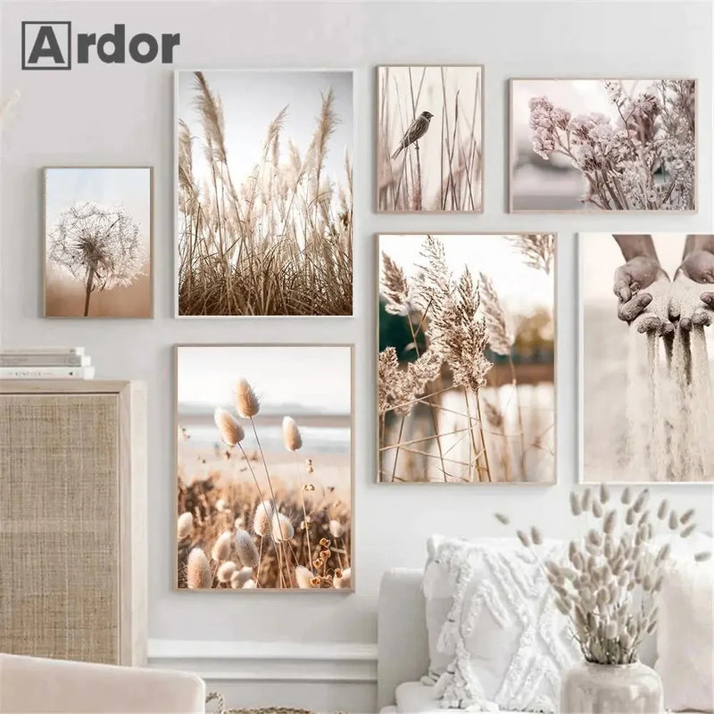 art mural nordique coucher de soleil roseaux oiseaux fleurs décoratif