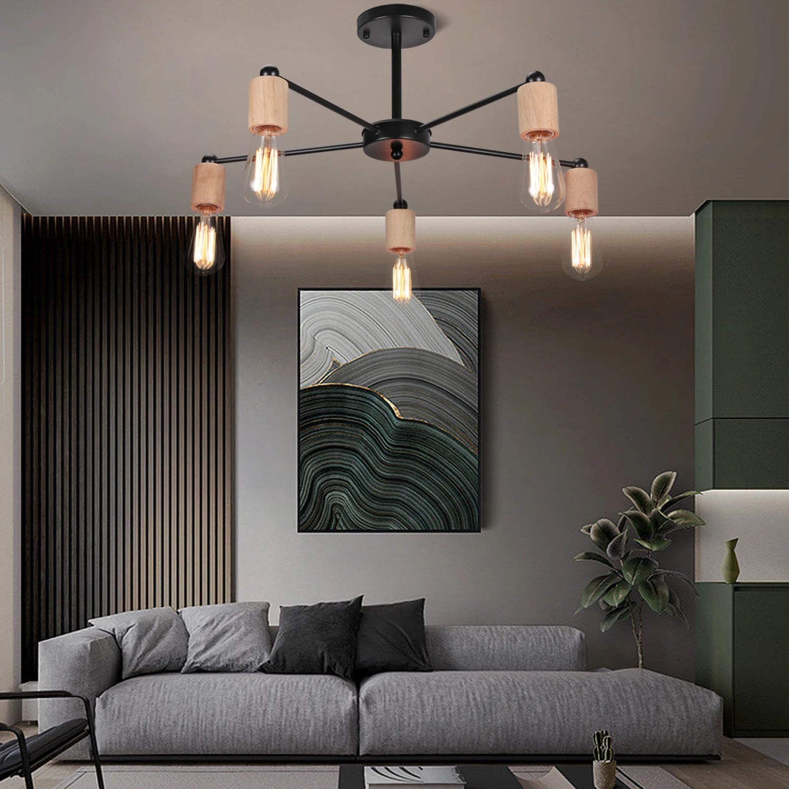 lustre industriel moderne avec tiges multiples en fer et bois - vue 2 sur 16