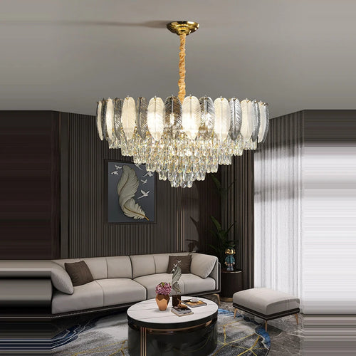 lustre suspendu led art déco avec plumes blanches et grises - vue 6 sur 17