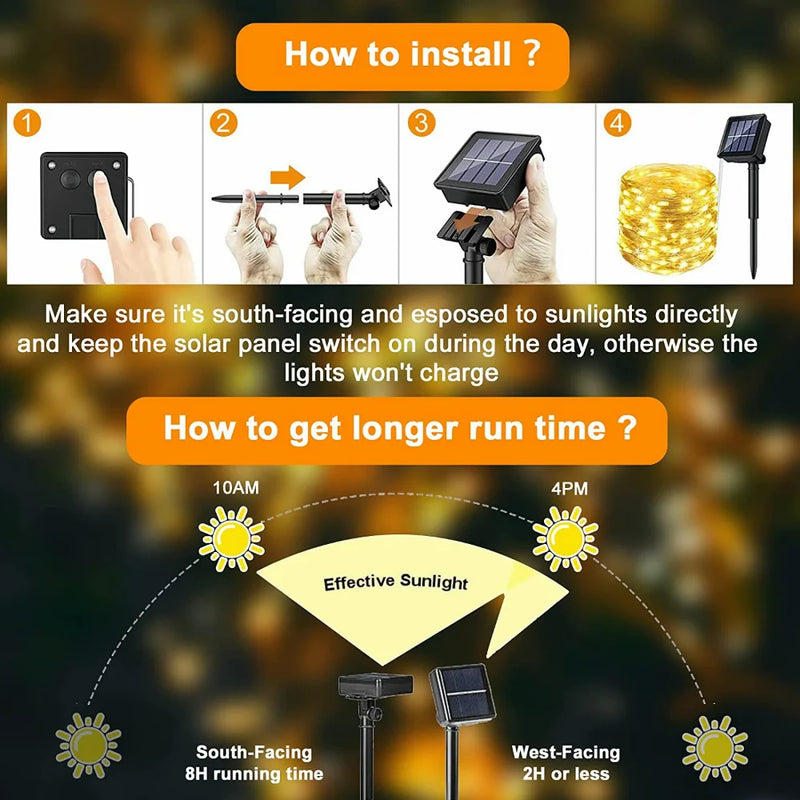 guirlandes lumineuses solaires étanches 300 led 8 modes fil cuivre