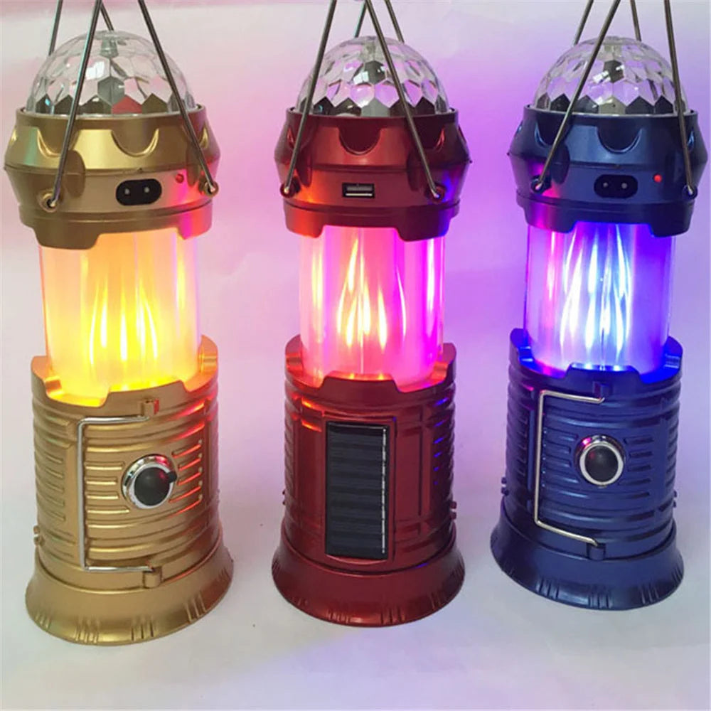 Solar Powered 4-in-1 Flame Waterproof Led Camping Lantern Light& Magic Ball Disco Lamp Flashlight for Tent,Party - vue 3 sur 9
