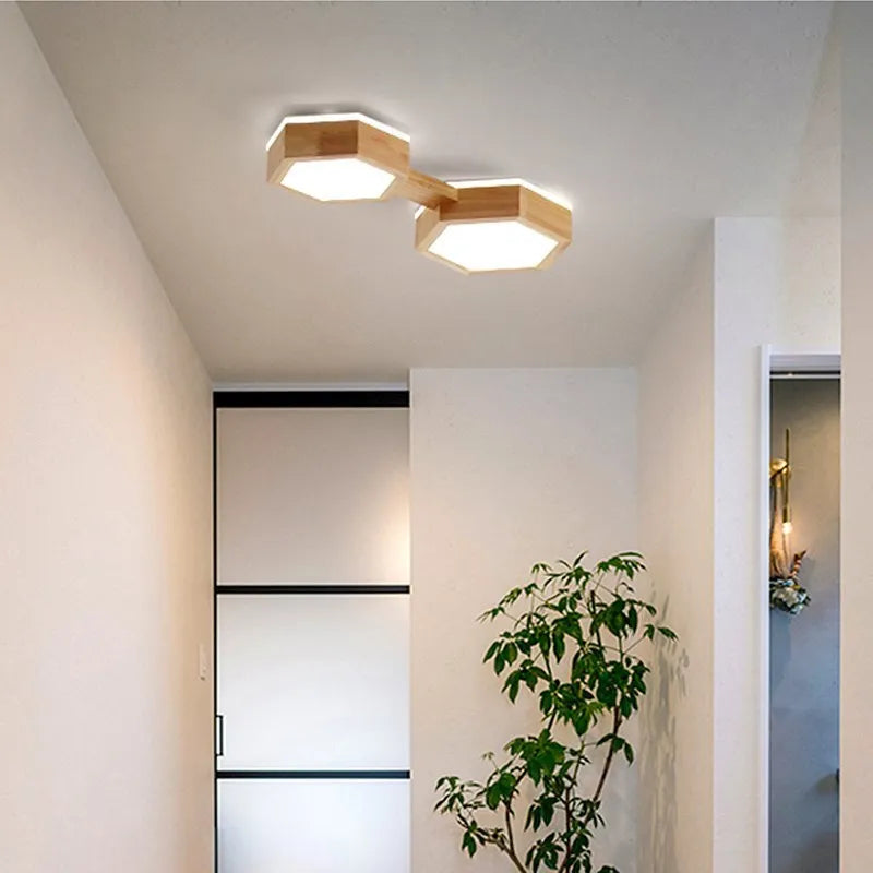 Plafonnier en bois nordique minimaliste 3 têtes hexagonales couloir décor à la maison luminaires pour chambre allée hôtel salon éclairage