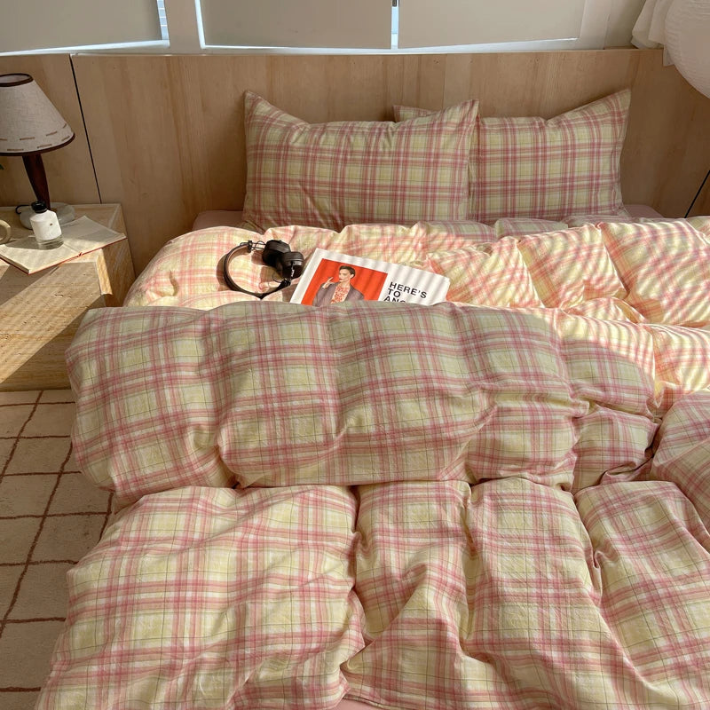 housse de couette rayée rose en coton pour chambre fille