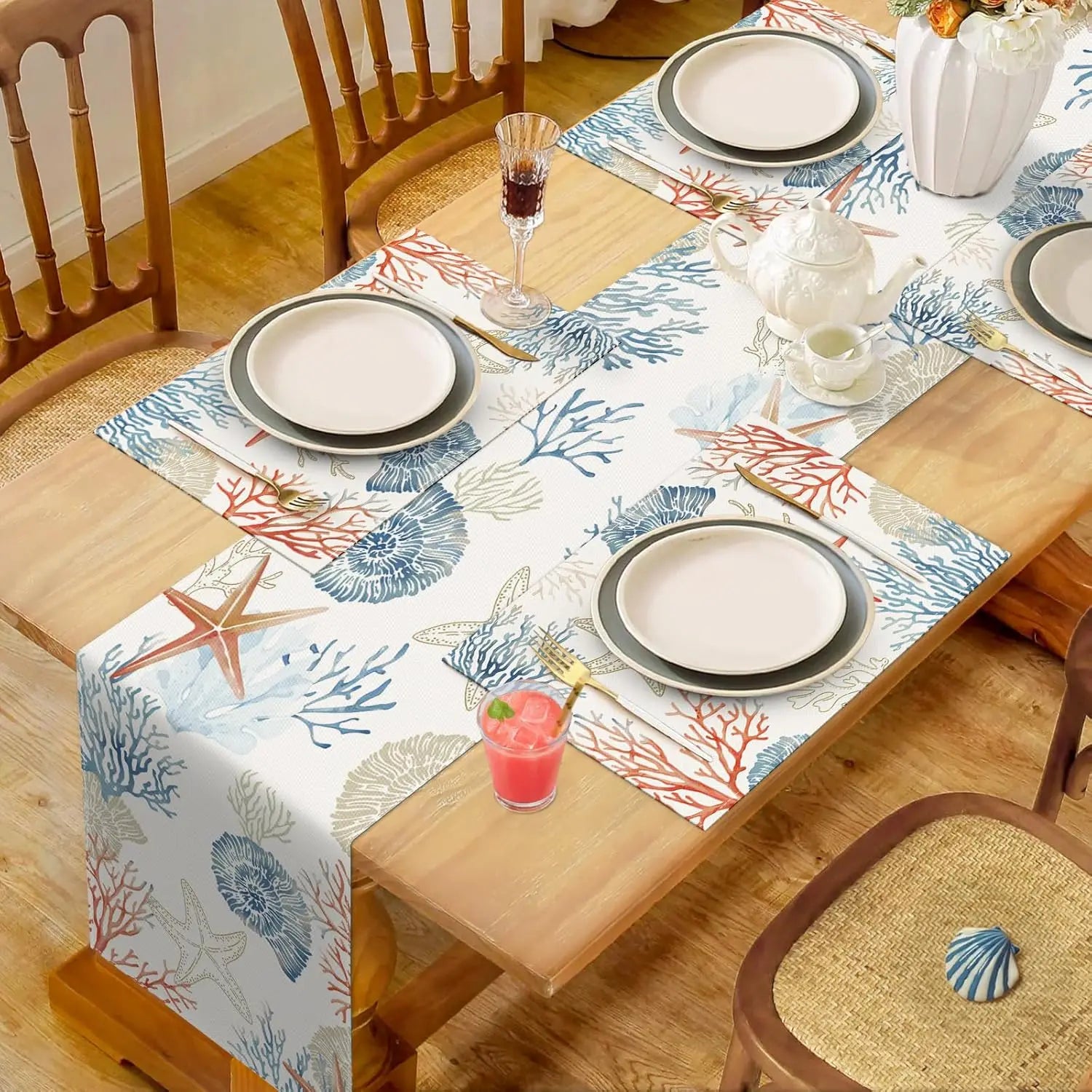 Chemin de table lin motif ocean style nautique - vue 3 sur 6