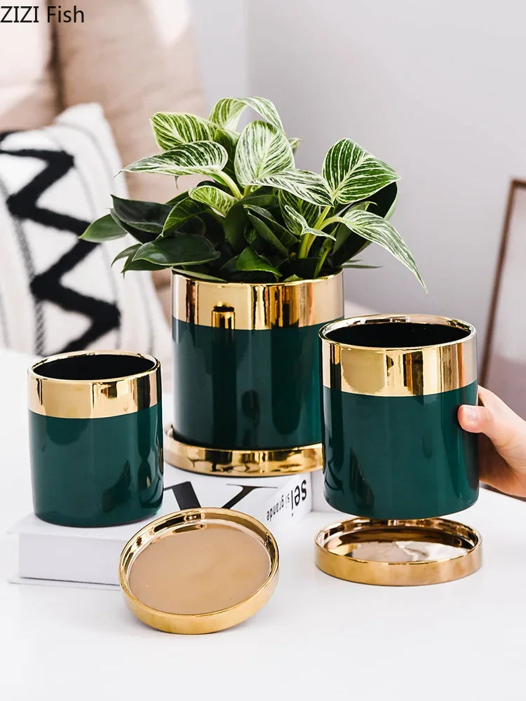 pot de fleurs en céramique luxe avec bordure dorée - vue 4 sur 12