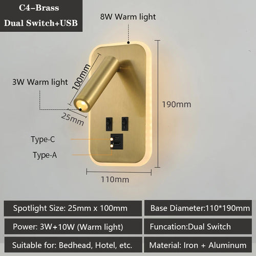 applique murale moderne avec ports usb et lampes de lecture réglables - vue 11 sur 16
