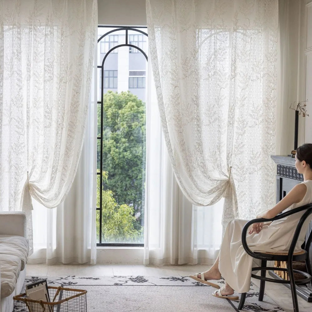 Voilage tulle brodé motifs feuilles pour salon chambre - vue 5 sur 7