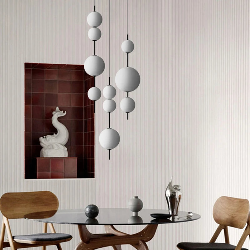 2024 LED White Glass Beads Pendant Chandelier Cafe Bar Bedroom Kitchen Round Ball Hanging Lighting Fixture Home Decor