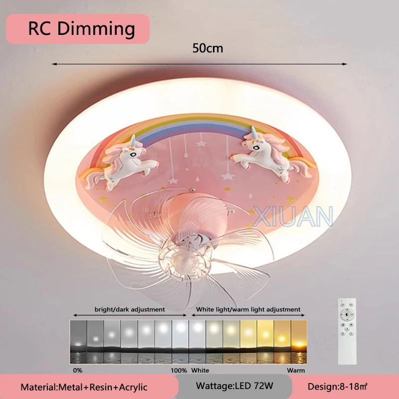 Creative LED Ceiling Light with Fan Pink Princess Children's Room Bedroom Ceiling Fan Resin Unicorn Rainbow Remote Control 220V
