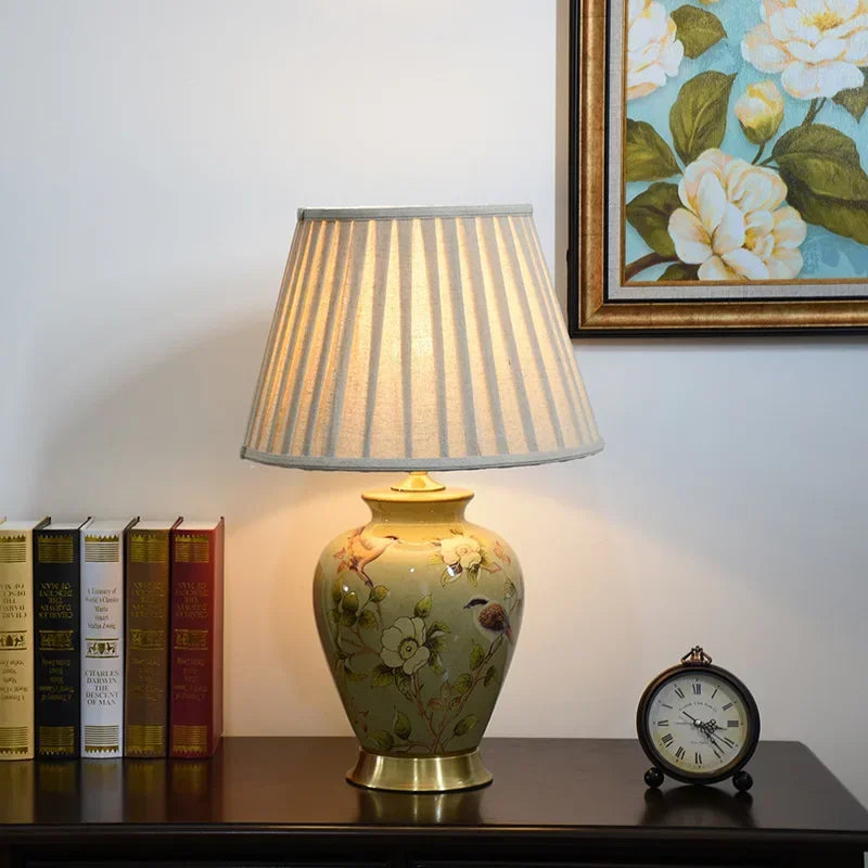 lampe de bureau nordique en céramique motif fleur et oiseau - vue 4 sur 9