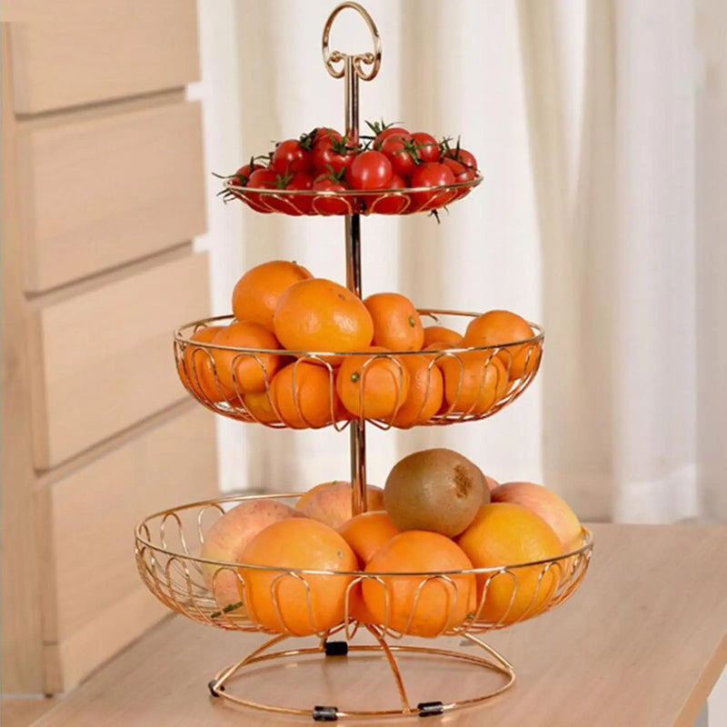 Corbeille à Fruits 3 Étages En Métal Noir/Doré - Support Panier Fruits Gâteaux Et Bonbons