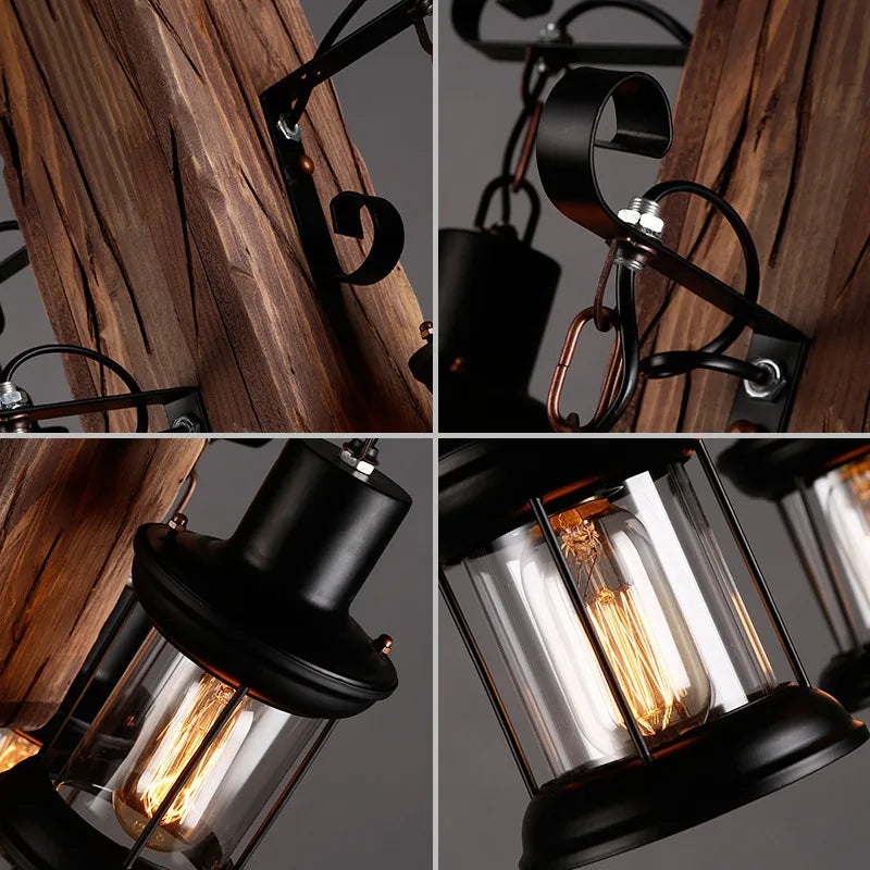 lustre rétro en bois style industriel pour café et restaurant - vue 6 sur 24