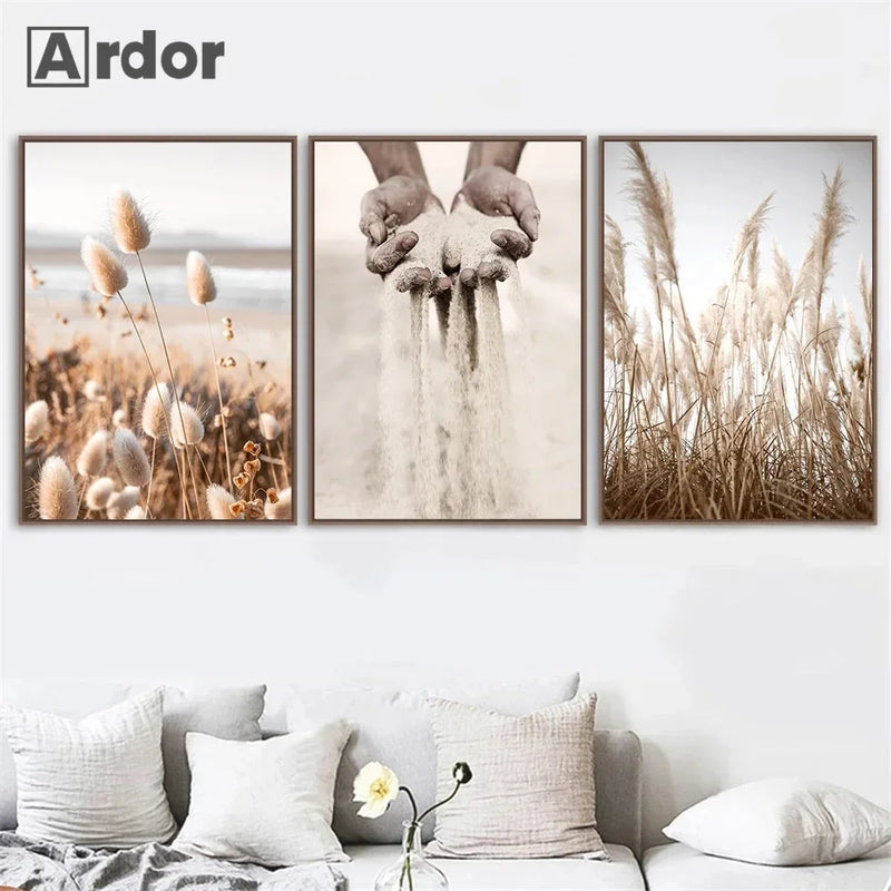 art mural nordique coucher de soleil oiseaux fleurs empreintes de main