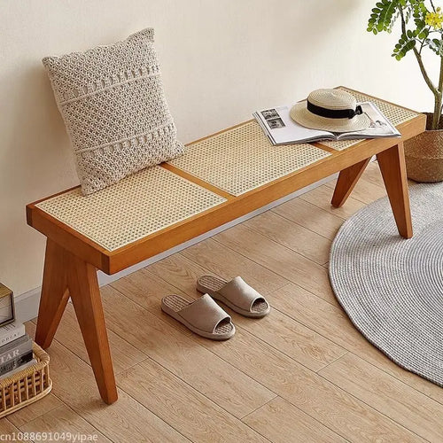 banc en rotin massif chaise longue et ottoman rétro polyvalent - vue 2 sur 14
