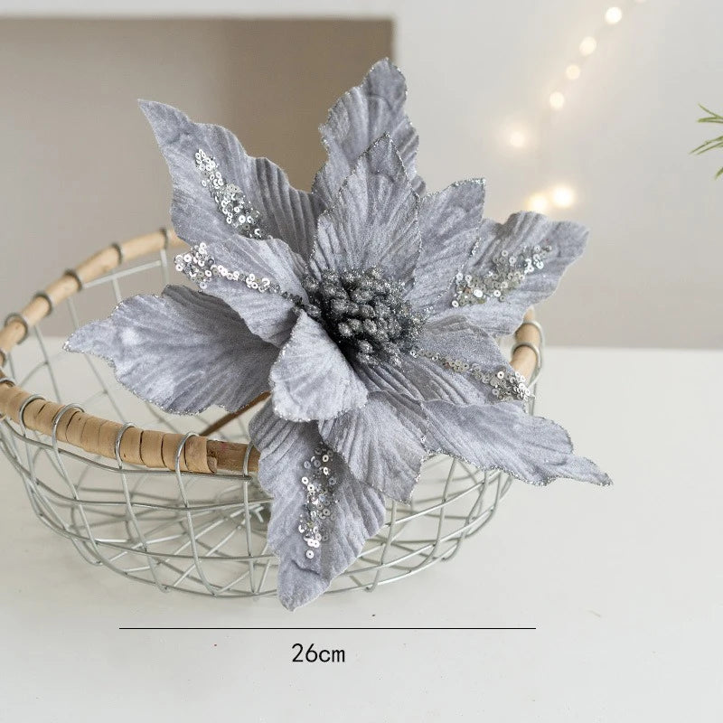 fleur de noël artificielle en velours pailleté décoration festive pour maison - vue 11 sur 12