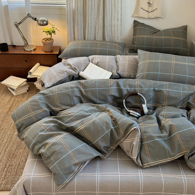 housse de couette en coton à carreaux avec taies d'oreiller douces