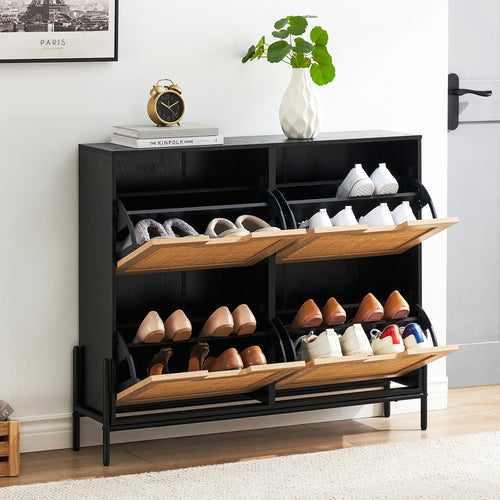 meuble à chaussures en rotin naturel avec portes rabattables et étagères réglables - vue 3 sur 9