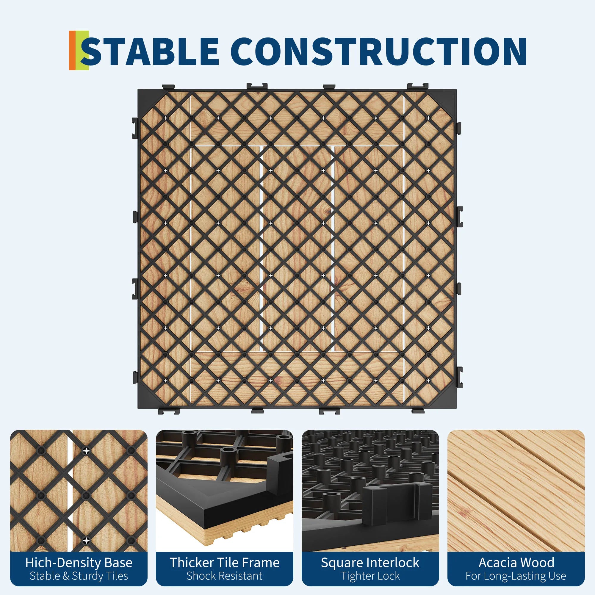 Dalles terrasse bois acacia 12x12 pouces antiderapantes clipsables - vue 6 sur 8