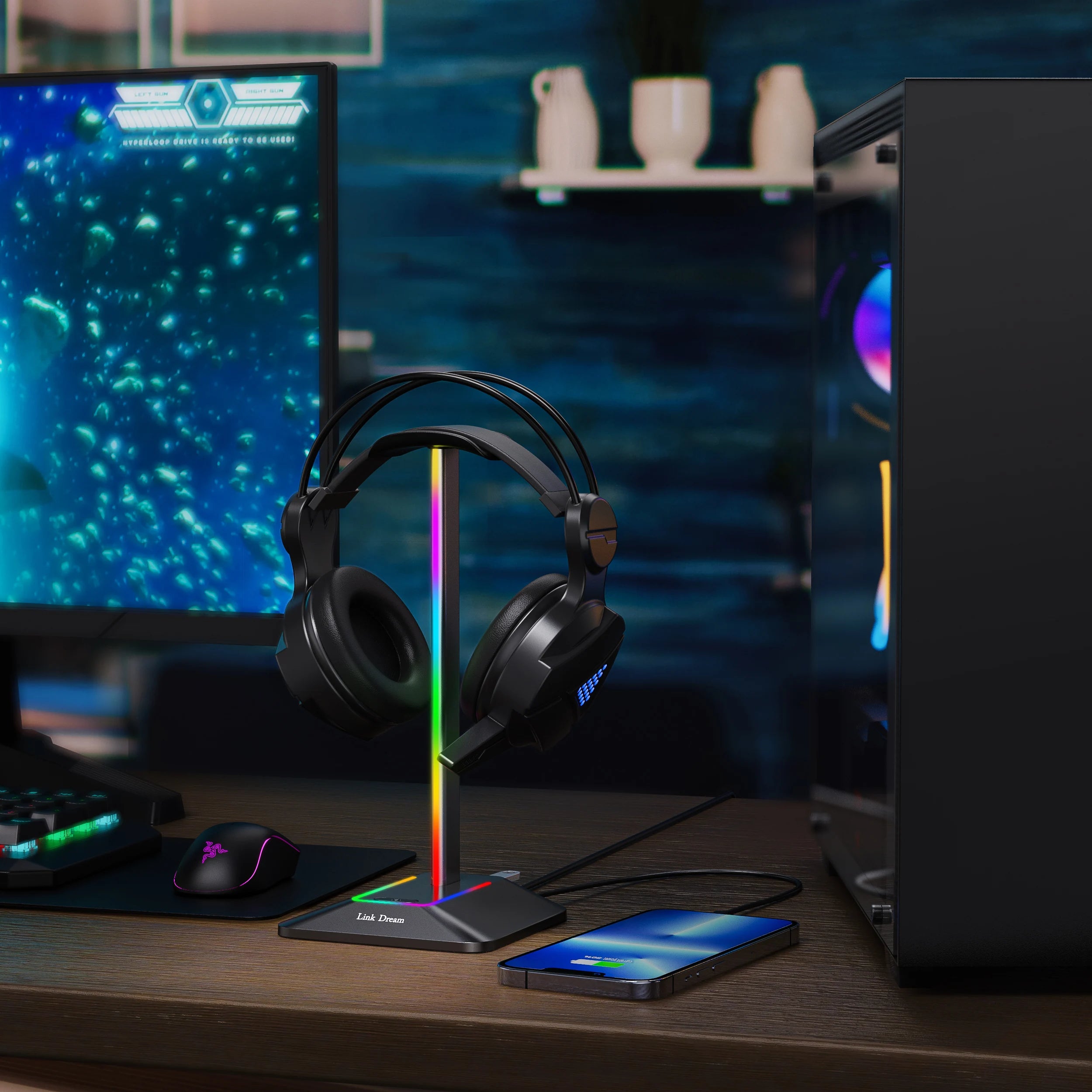 link dream support casque jeu rgb usb type-c pc bureau - vue 4 sur 8