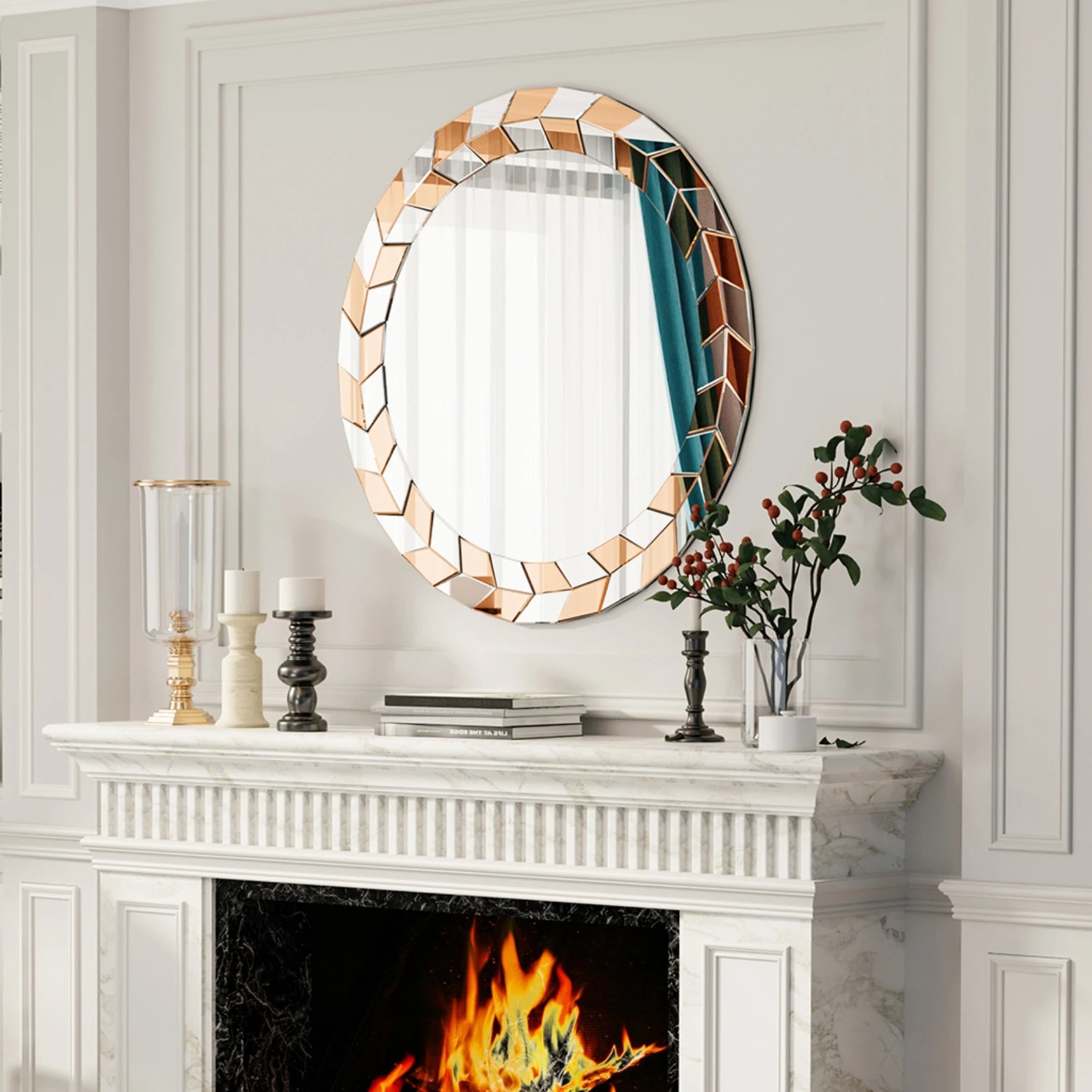 grand miroir décoratif rond avec cadre en verre biseauté style moderne - vue 3 sur 7