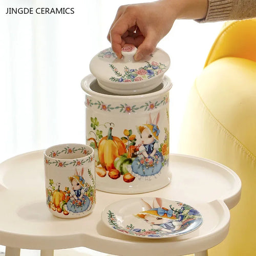 Assiette ceramique motif citrouille lapin style jardin